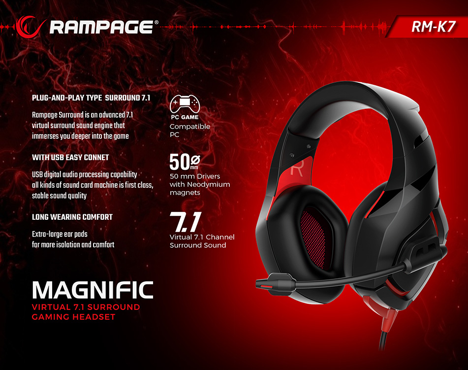 Rampage RM-K7 MAGNIFIC Siyah/Kırmızı 7.1 Surround Sound System USB Mikrofonlu Oyuncu Kulaklığı